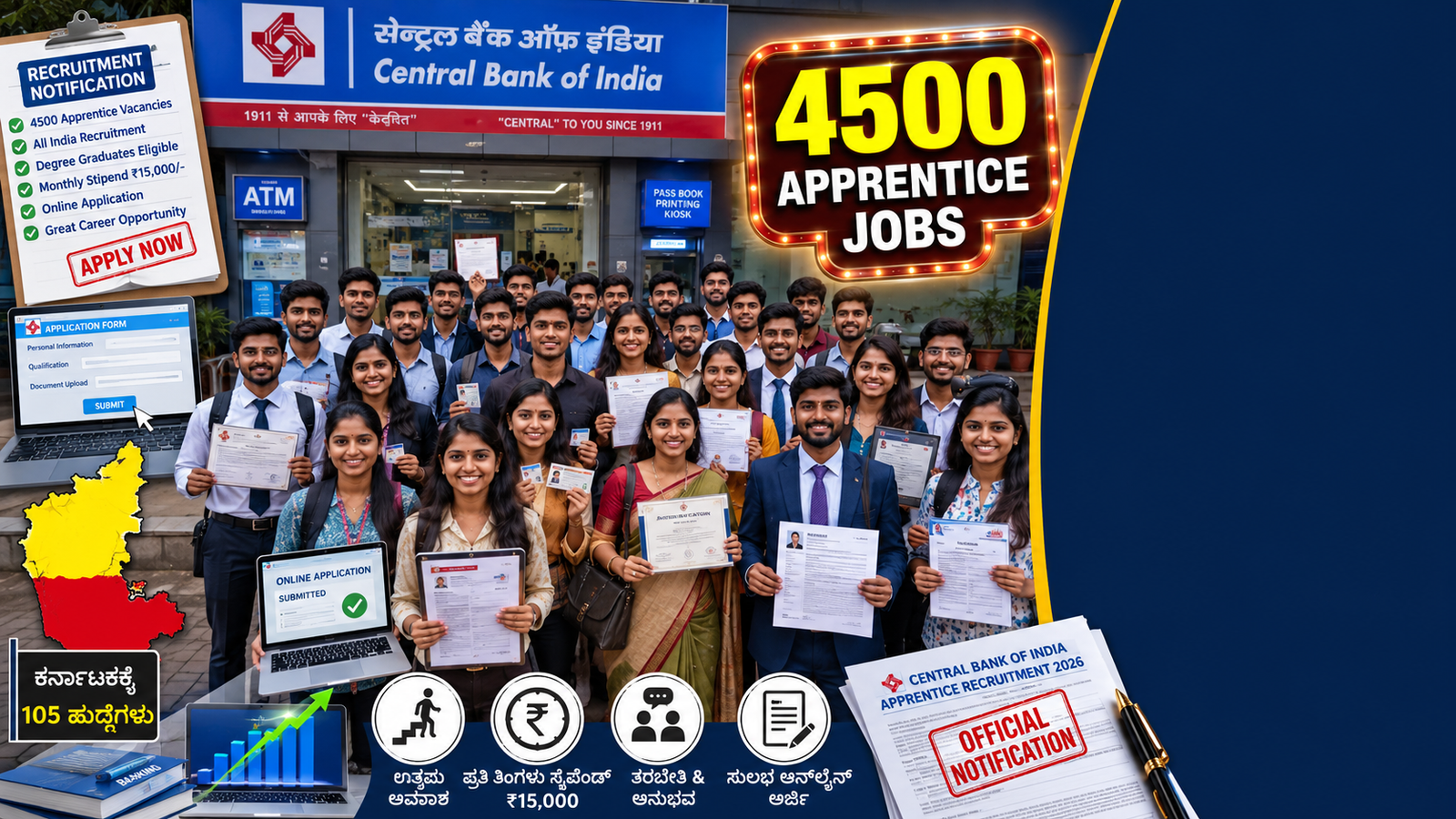 ಸೆಂಟ್ರಲ್ ಬ್ಯಾಂಕ್ ಆಫ್ ಇಂಡಿಯಾದಲ್ಲಿ 4,500 ಅಪ್ರೆಂಟಿ